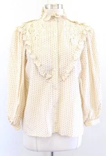 Vtg 80s Miss O Oscar de La Renta Beige Purple Polka Dot Ruffle Eyelet Blouse 8