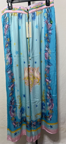 Rachel Zoe Women Large Blue Satin Pants Cherub Print Wide Leg Elastic New NWT
