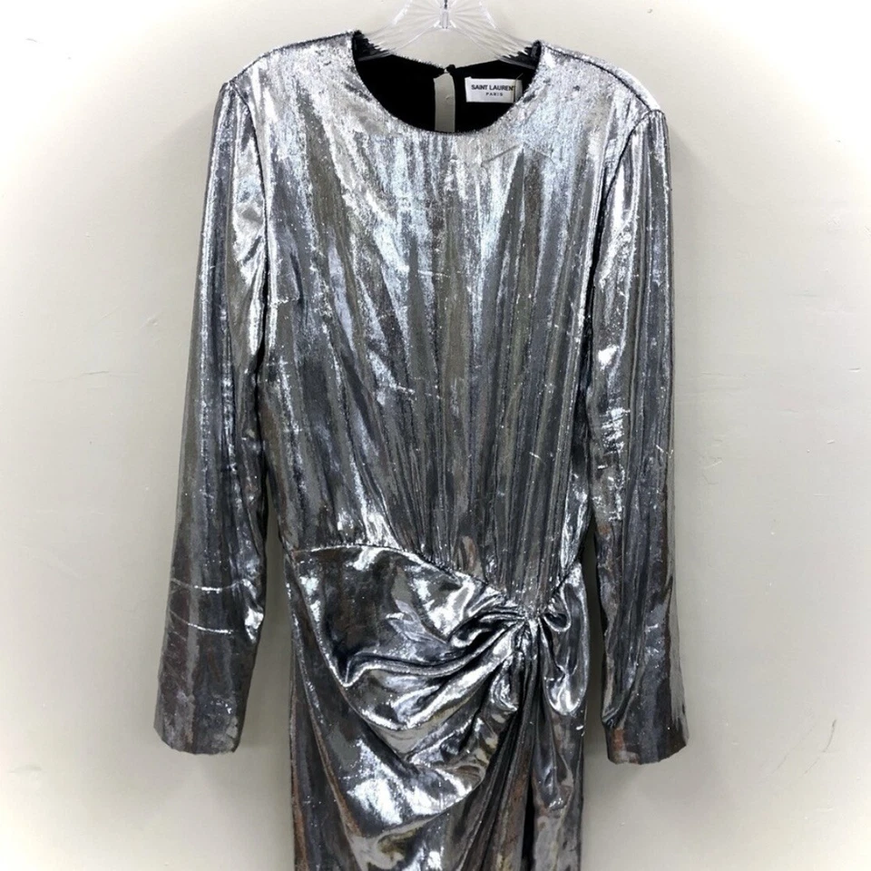 Saint Laurent Womens Silver Draped Waist Faux Wrap Metallic Silk Dress FR 40 - Image 4 of 4