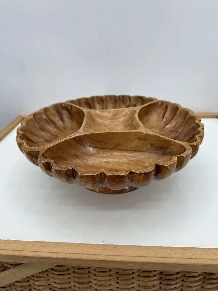 Vtg Wooden Wood LAZY SUSAN Monkey Pod Teak 12 " Carved Tiki Polynesian Server - Image 4 of 4