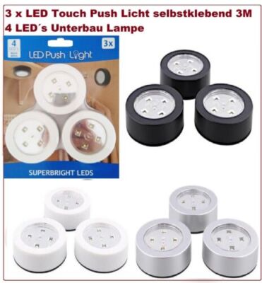 3 x LED Touch Push Licht Ohne Batterien selbstklebend 4 LED´s Unterbau Lampe 