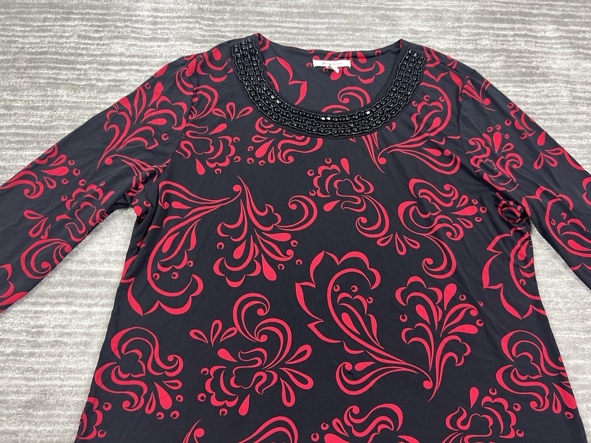 JM Collection Top Womens XL Black Red 3/4 Sleeve Beaded JM Collection Top Womens XL Black Red 3/4 Sleeve Beaded