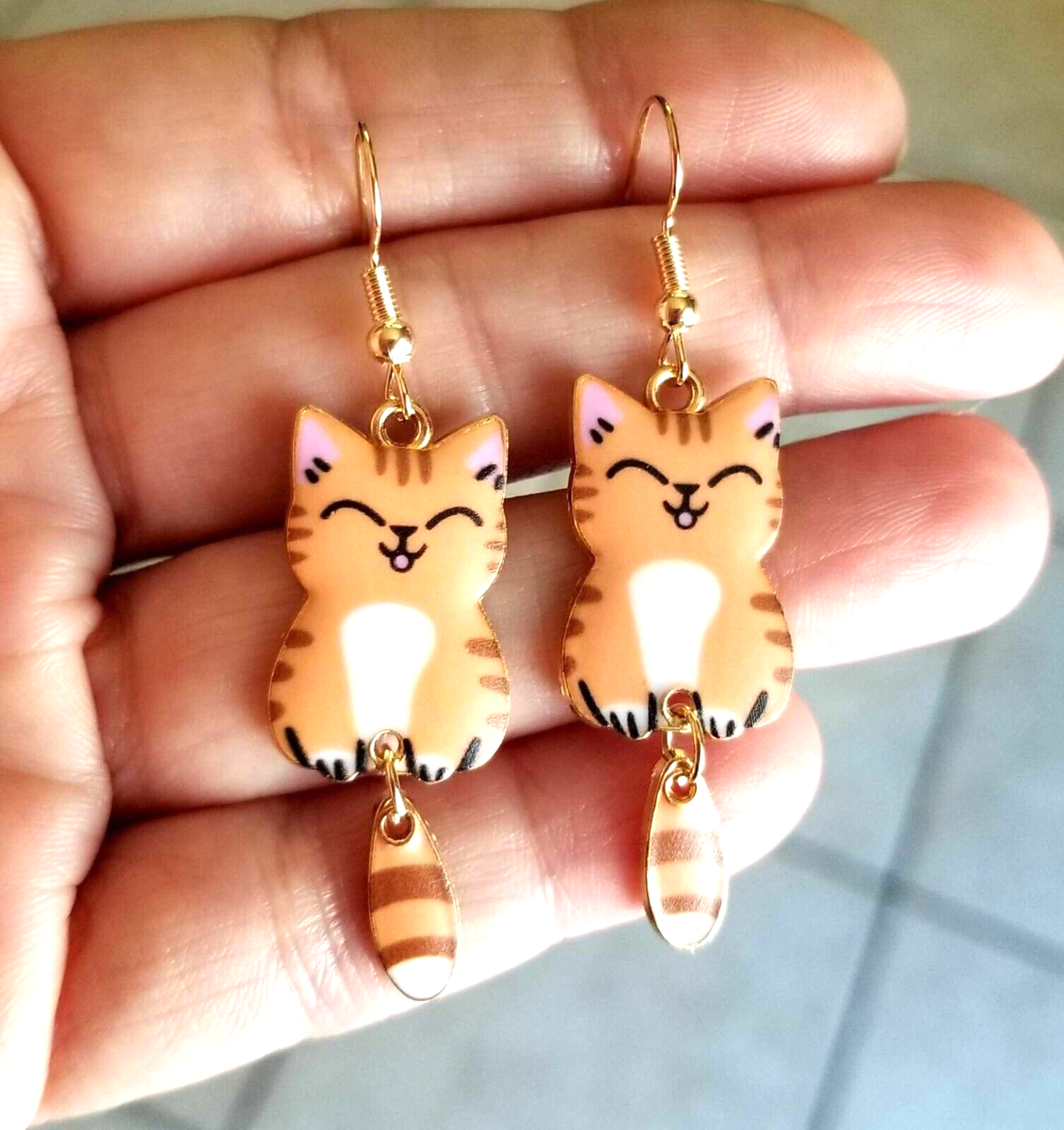 Adorable Orange Cat Dangle Earrings, Tiger Cat Earrings, Cat Lover