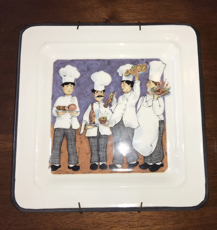 Comical Chefs BRUNELLI ITALIA PLACAS DE CERÁMICA CUADRADAS 7-3/4 LOTE DE 2 con perchas usadas en excelente estado Foto 3 de 4