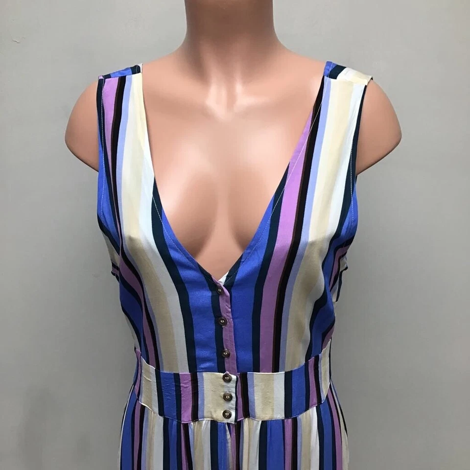 Macacão feminino ASTR The Label listra branca azul em camadas gola V sem mangas G novo - Imagem 2 de 4