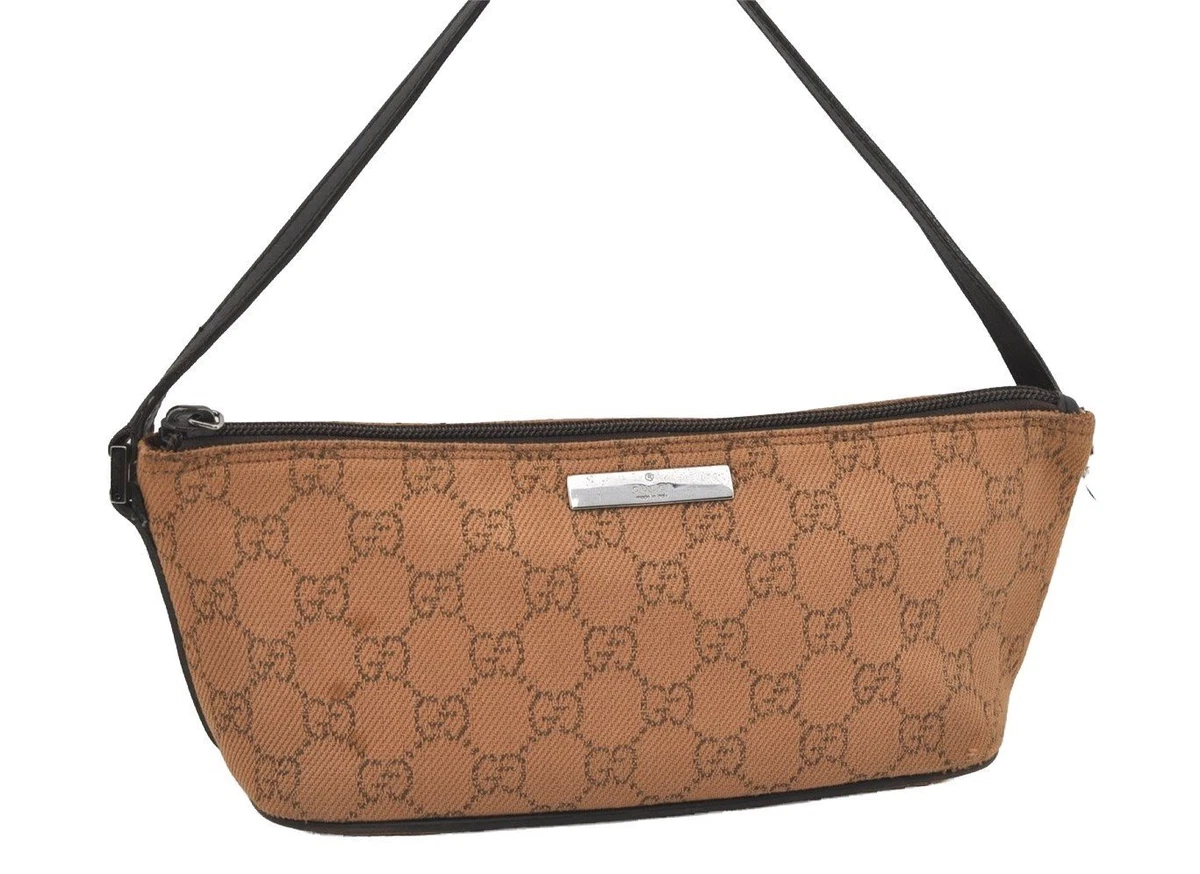 Authentic GUCCI Vintage Hand Bag Pouch Purse GG Canvas Leather