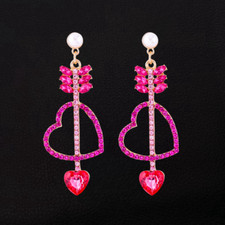 Women's Rose Pink Crystal Rhinestone Heart Arrow Love Stud Earrings