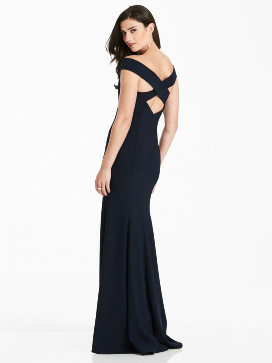 midnight navy bridesmaid dresses Navy Blue Satin Bridesmaid Dress with Square Neck – loveangeldress main image 1