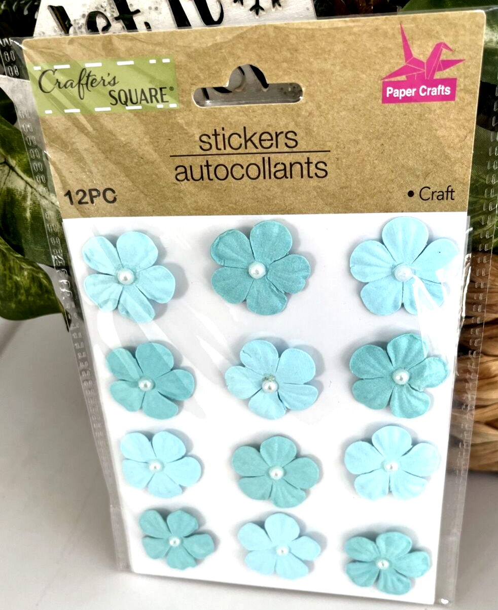 Crafter's Square Flowers Blue With Pearl Accent Dimensional Sticker Pack 12 Pcs