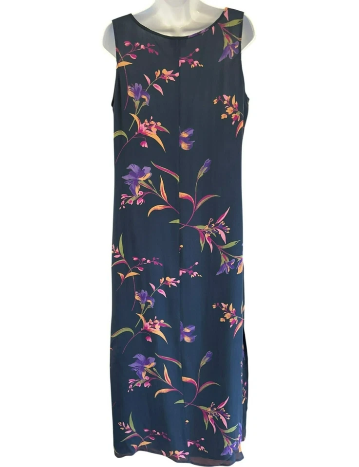 Vintage Robbie Bee Navy Blue Sleeveless Floral Silk Sheath Dress Size 12 Y2k - Image 4 of 4