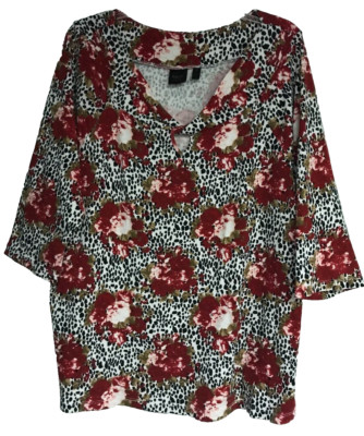 Rafaella Studio 3X Red Black Pullover NWOT Keyhole Floral Cotton 3/4 Sleeve