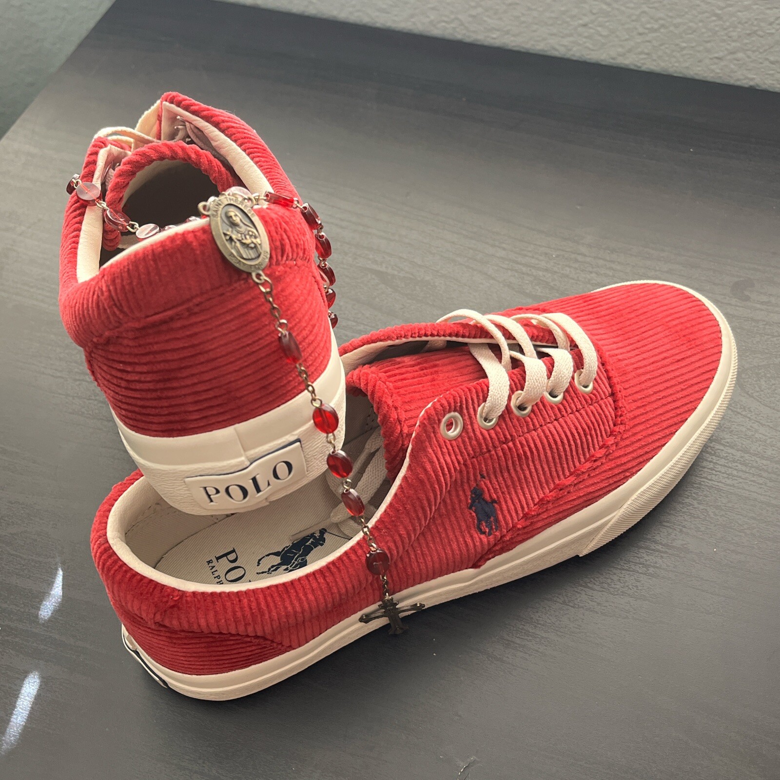 Polo Ralph Lauren Keaton Pony da uomo taglia 7 5 sneaker in velluto a coste rosse scarpe casual NUOVE