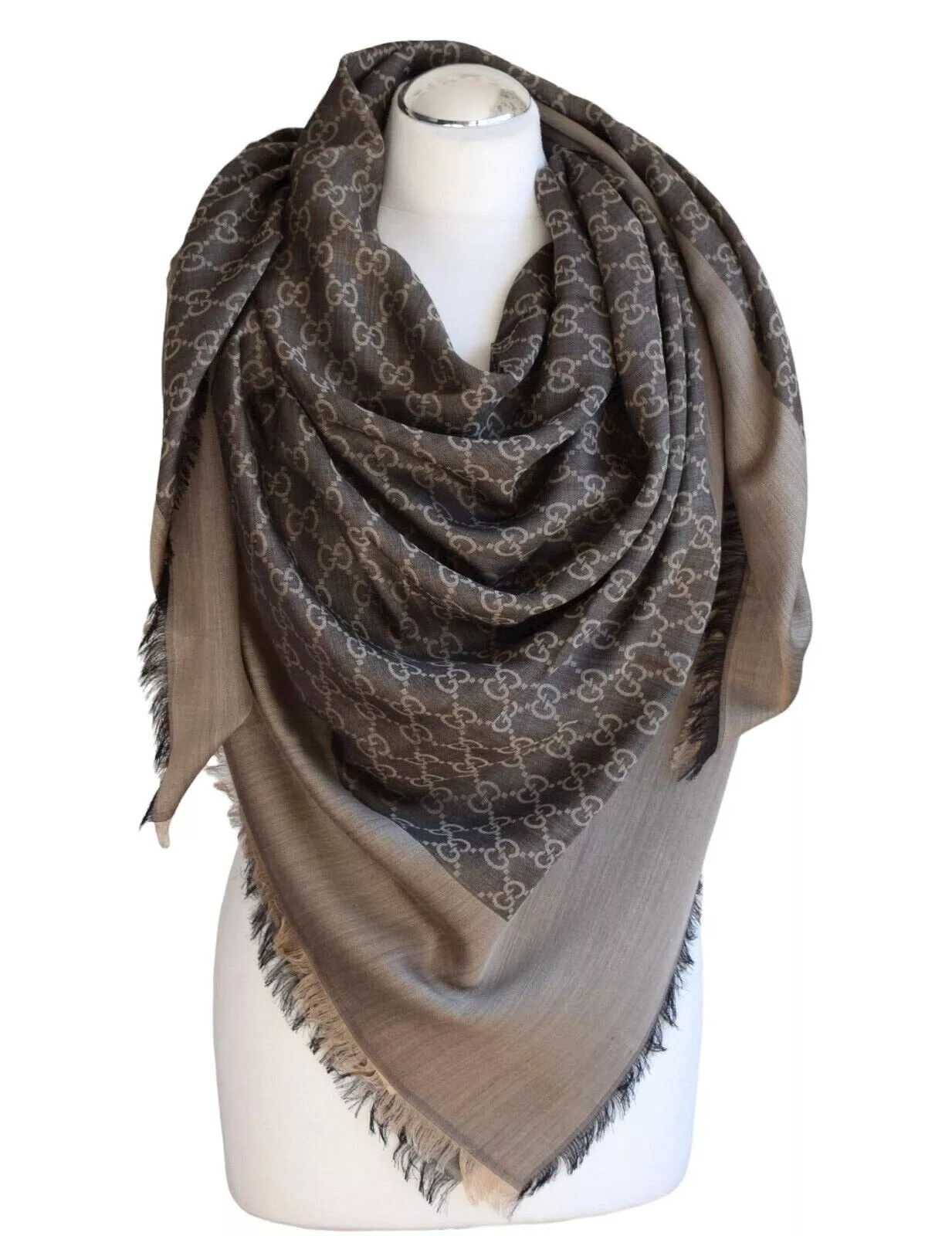 Écharpe de luxe GUCCI tissu laine soie 135 x 135 neuf beige châle Sciarpa 