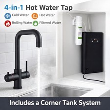 Matt Black 4-in-1 Instant Boiling Water Hot Kitchen Tap - Corner Tank