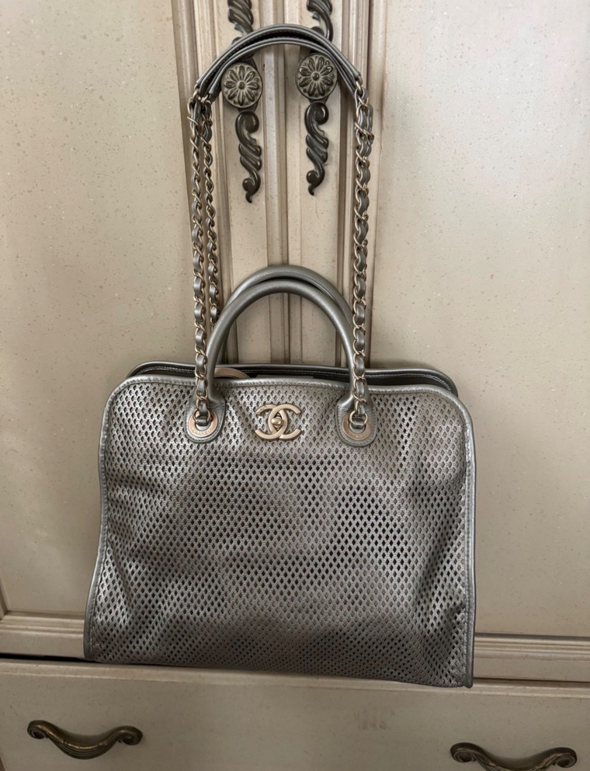 AUTHENTIC CHANEL Silver Metallic Perforated Chain-Handle Satchel