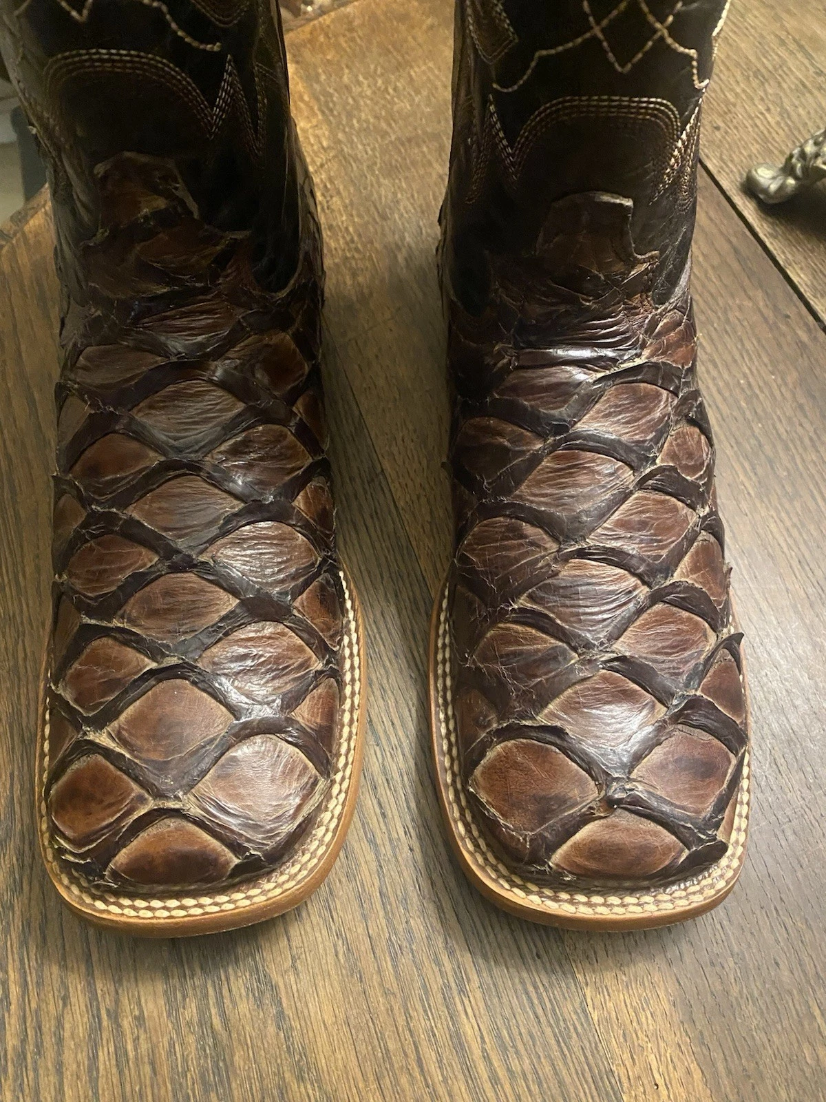 Genuine Leather Exotic Pirarucu Monster Fish Square Toe Western Boots- 9 1/2 D