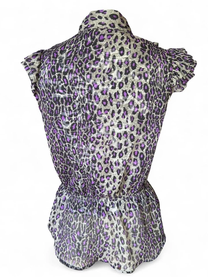 Blusa feminina Y2K vintage Miley Cyrus malha transparente botão para baixo estampa de leopardo GG  - Imagem 3 de 4