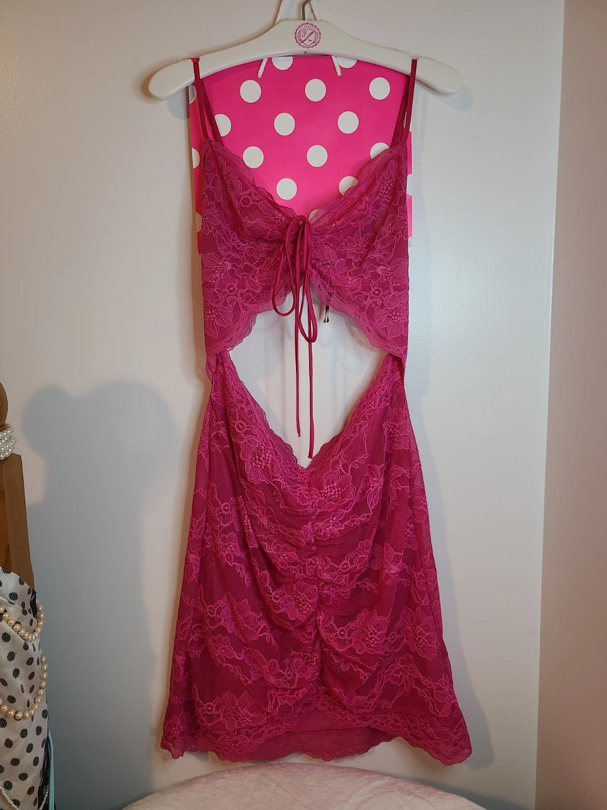 UNDERCOVER Victoria's Secret Mini Abito Slip Increspato Pizzo Ritagliato Taglia Lg Rosa