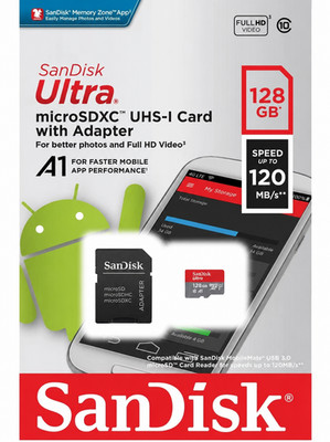 SanDisk Ultra 128GB microSDXC UHS-I Memory Card A1 Class 10 120MB/s with Adapter