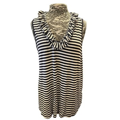Crown & Ivy Plus 1X Navy Striped Ruffle Tank Top Beachy Nautical Preppy Resort