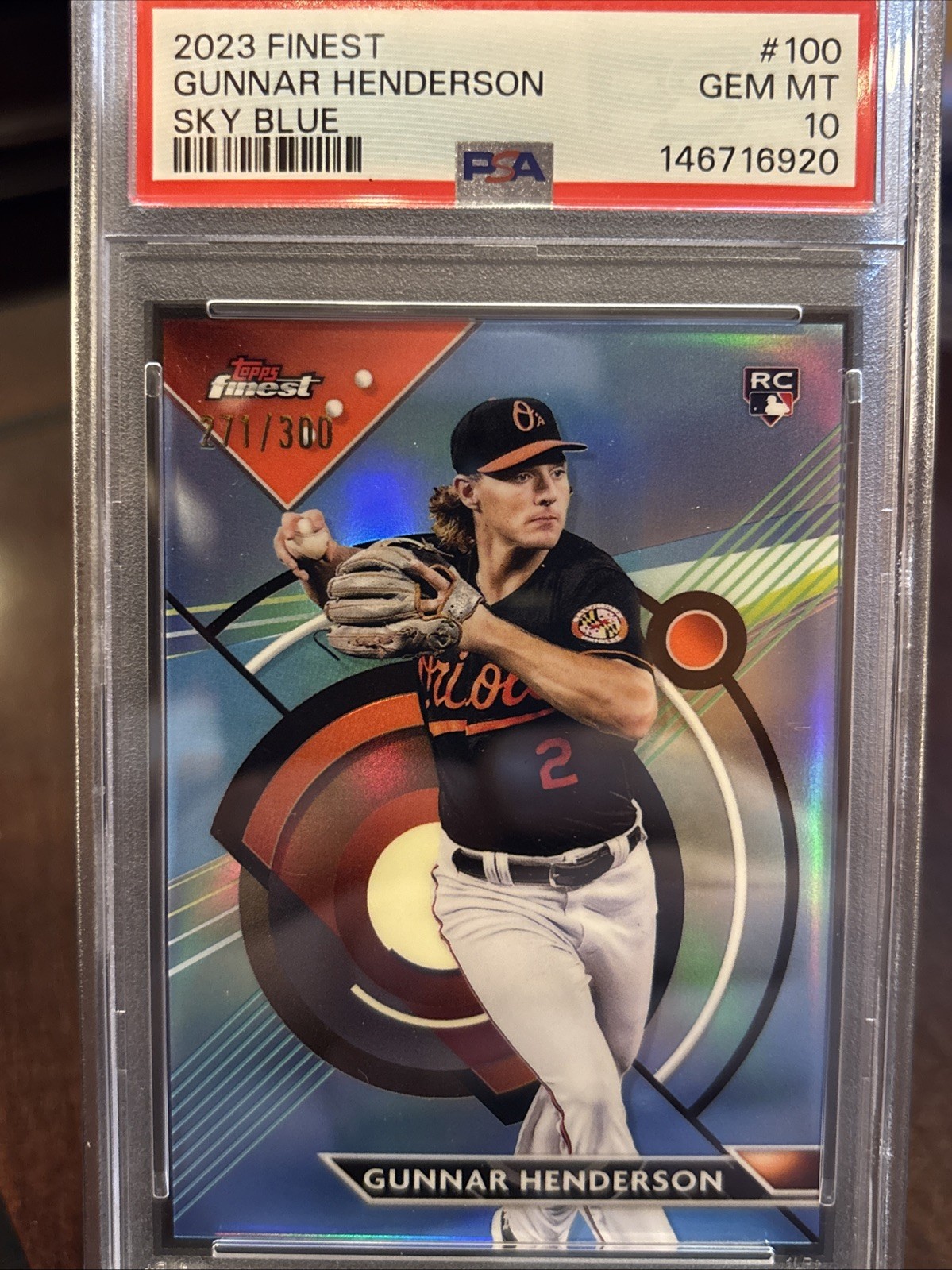 2023 Topps Finest Gunnar Henderson Sky Blue RC Rookie Refractor /300 #100 PSA 10