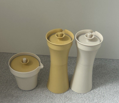 2 VINTAGE TUPPERWARE ÖL + ESSIG AUSGIESSER + KLEINER AUSGIESSER / KRUG in gelb / creme