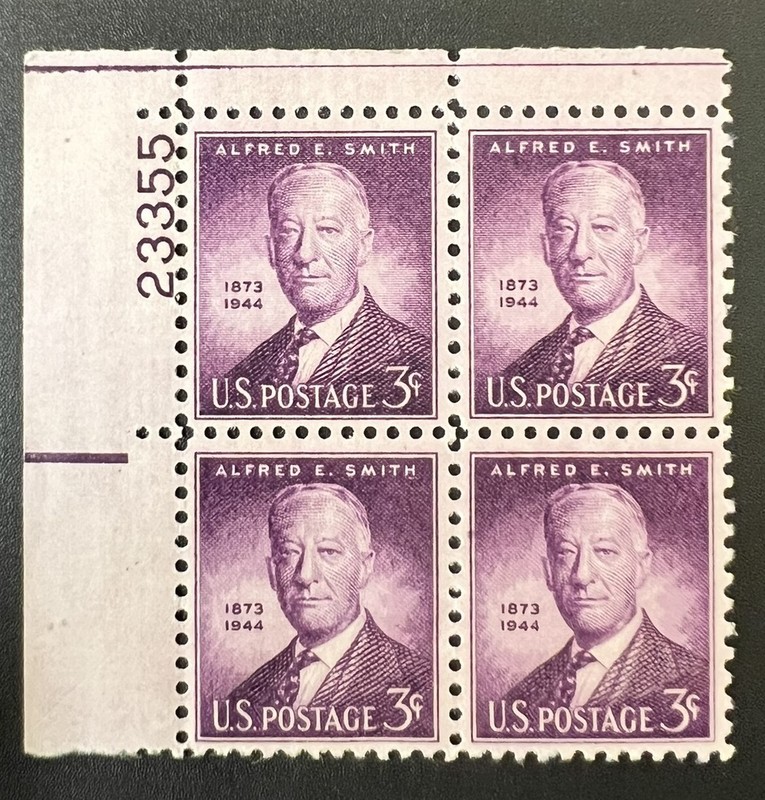 US plate Block of 4 1945 Alfred E Smith Governor MNH Scott 937 #23355 3c 