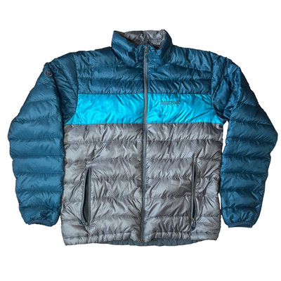 Marmot Ares Down Jacket Mens Colorblock Puffer Gray Teal Blue 700 Fill Small M/L