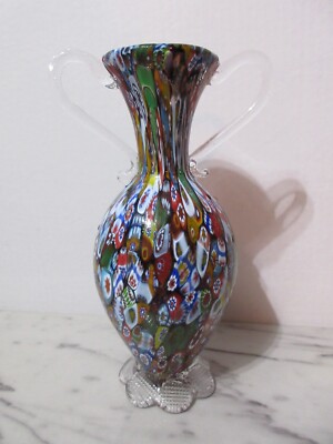 Vintage MURANO Fratelli Toso Glass MILLEFIORI Vase w/ Handles Blown Art Glass