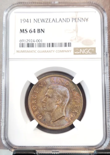 1941 NEW ZEALAND 1 PENNY GEORGE VI TUI BIRD NGC MS 64 BN RARE TOP POP BROWN