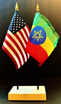1 American & 1 Country Miniature Rayon 4''x6'' Desk Flag Set and White 2-Hole Base