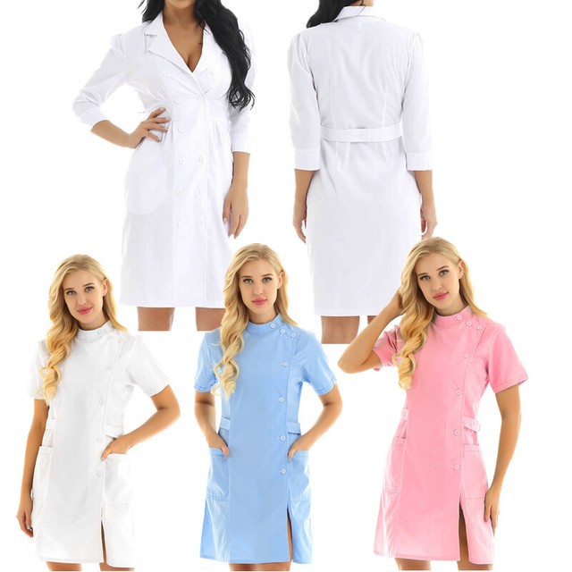 Women Doctor Nurse Uniform Hospital Workwear Scrubs Lab Dress Coat Club