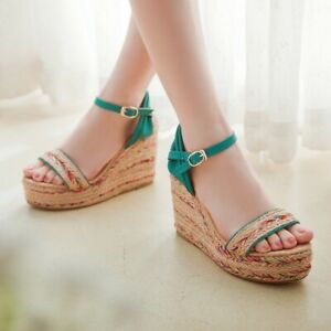 Details about   Women's Boho Peep Toe Ankle Strap Sandals Wedge High Heel Holiday Shoes 34-43 B 