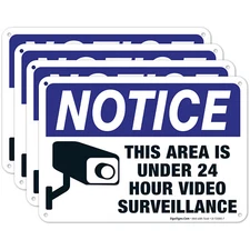 Video Surveillance Sign Security Alert 24 Hour Surveillance 4 Pack 7x10 Aluminum