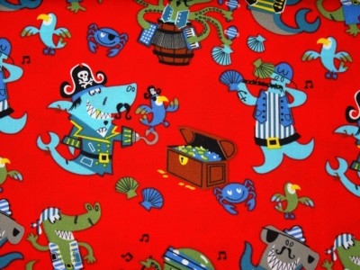 Piraten Tintenfisch Hai Pirat auf rot Baumwolle Webware Meterware