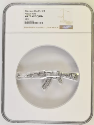 2 Oz Silver Coin 2024 Chad Assault Rifle NGC MS 70 Antiqued High Relief #412