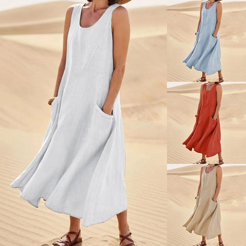 Women Casual Solid Cotton Dress Sleeveless With Pocket Loose Dress Tank Maxi Dr