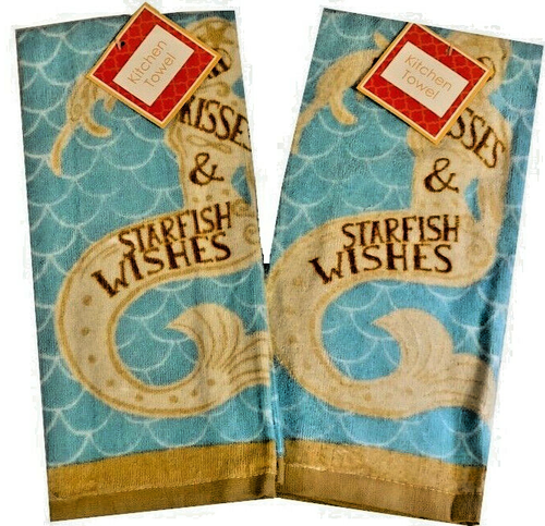 Mermaid Kisses Dish Towels Set of 2 Beach Summer House Nautical 100% Cotton