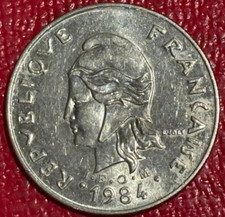 HIGH GRADE AU 1984 FRENCH POLYNESIA 20 FRANCS COIN-FLOWERS-MAY235