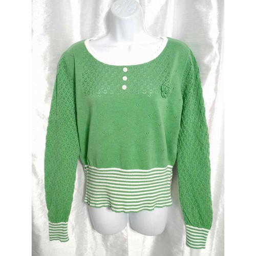 Blutsgeschwister German pointelle eyelet green Sweater crochet flower stripe - Picture 2 of 7