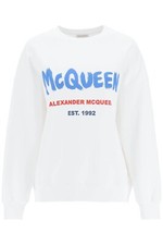 NWT ALEXANDER MCQUEEN White Blue Red Graffiti Logo Crew Neck Sweatshirt 42 6 US
