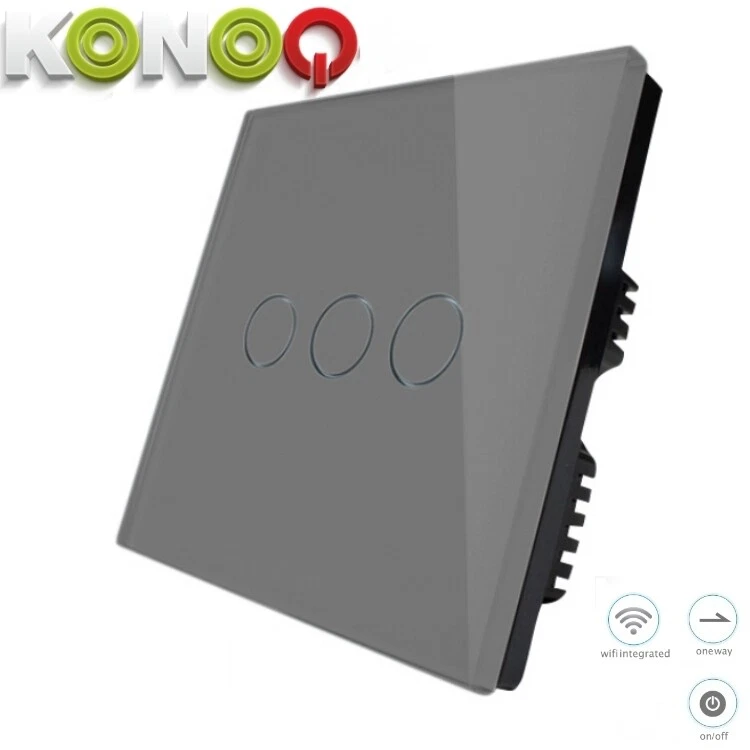 KONOQ Glass Touch LED Light Switch GREY WIFI INTEGRATED ON OFF 3GANG 1WAY