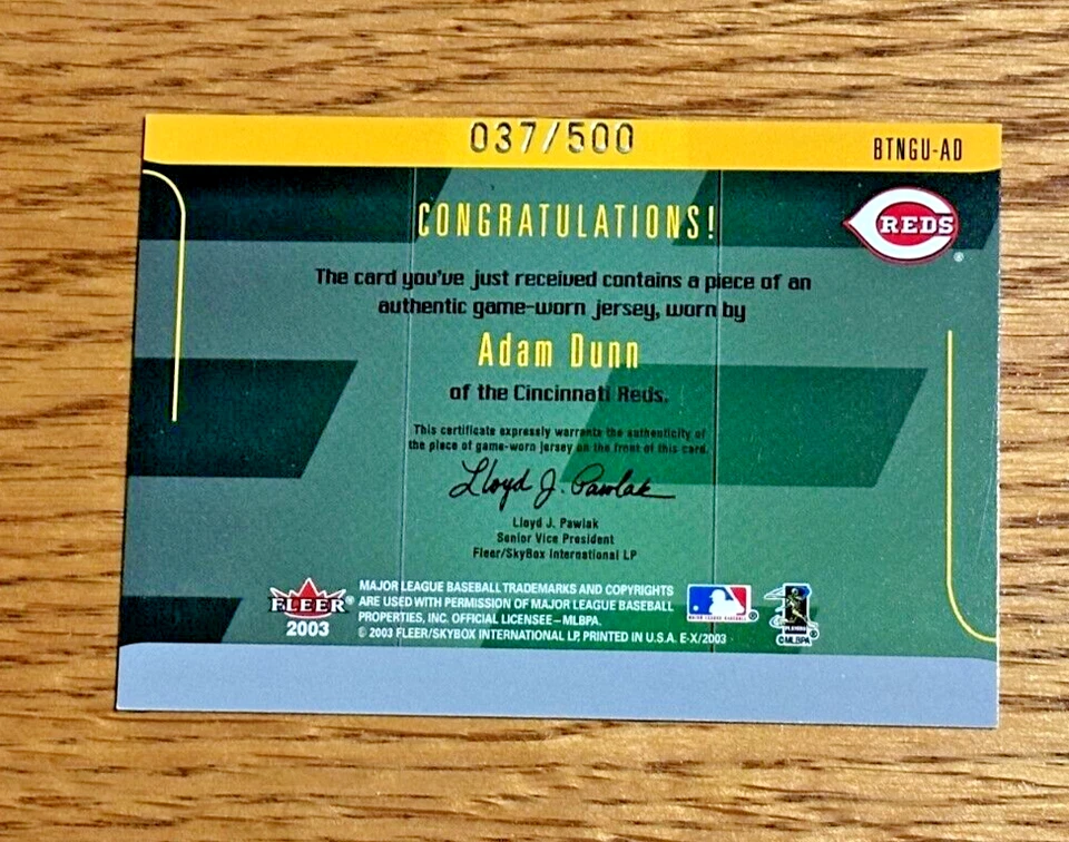 ADAM DUNN 2003 Fleer E-X #BTNGU-AD Behind The Numbers Jersey Patch Relic /500 - Image 2 of 2