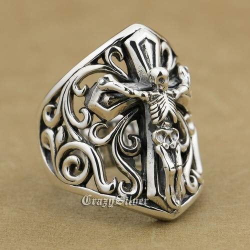 925 Sterling Silver Hollowed Floral Skull Cross Ring Punk Jewelry 9W006D US 7~15 - Picture 3 of 25