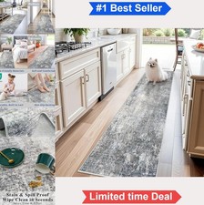 Non-Slip Hallway Runner Rug 2x8 Washable Low-Pile Blue Gray Abstract Stain