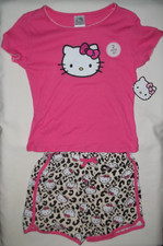 Hello Kitty girls 12 graphic tee leopard print shorts set pink tan nwt tween