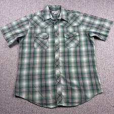 Wrangler Wrancher Shirt Mens Green Plaid Short Sleeve Button Up Pearl Snap