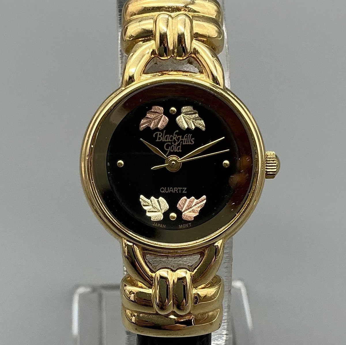 Black Hills Gold Womens Watch 23mm Black Dial Gold Tone Leather