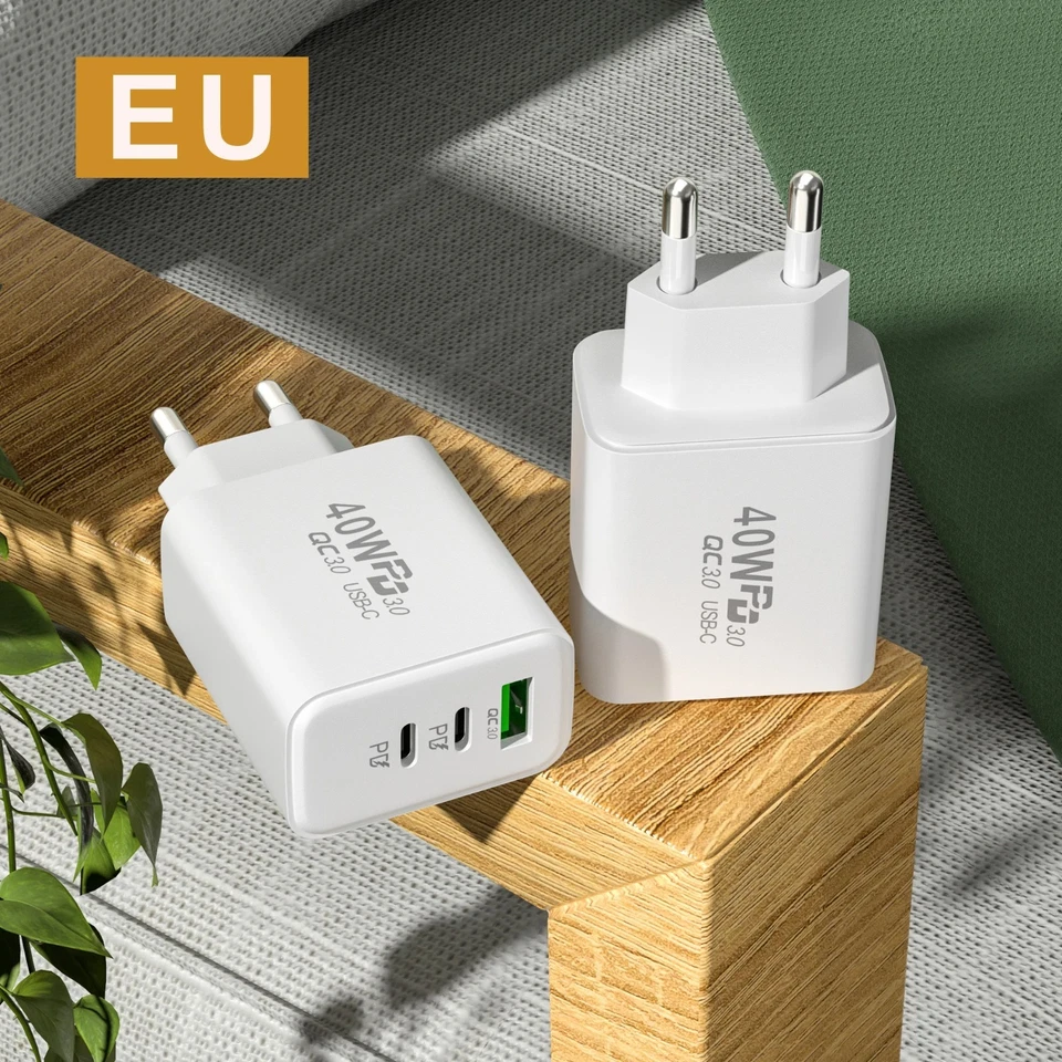 3-fach Schnellladegerät 40W Netzteil 2x USB-C + 1x USB Charger Mehrfach Stecker - Bild 3 von 4