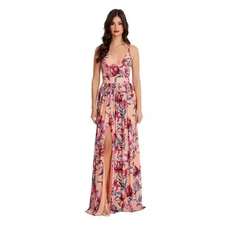 Dress the Population Danae Floral Maxi Dress Peach NWT L Plunge Slit